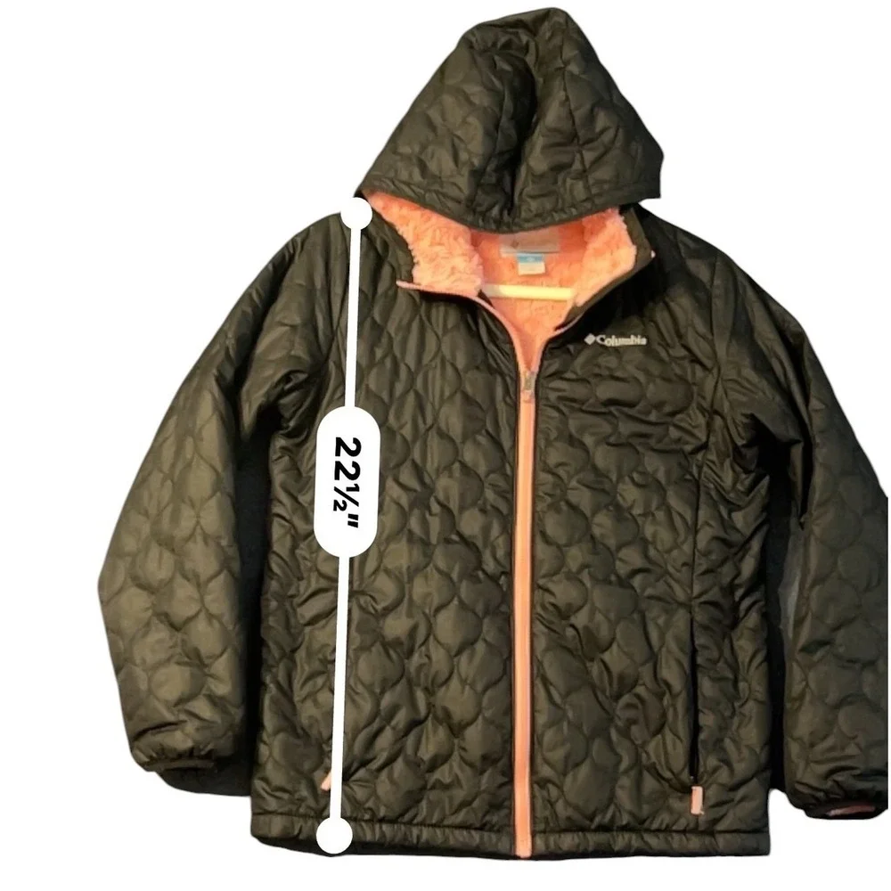 Columbia Girls XL Black Quilted Hooded Jacket Pink Fleece Lined Full Zip Coat